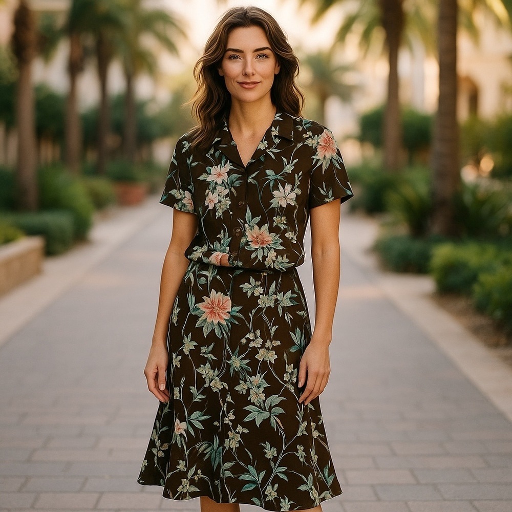 Covington Floral Two-Piece Skirt & Blouse Set in Brown Floral size 10